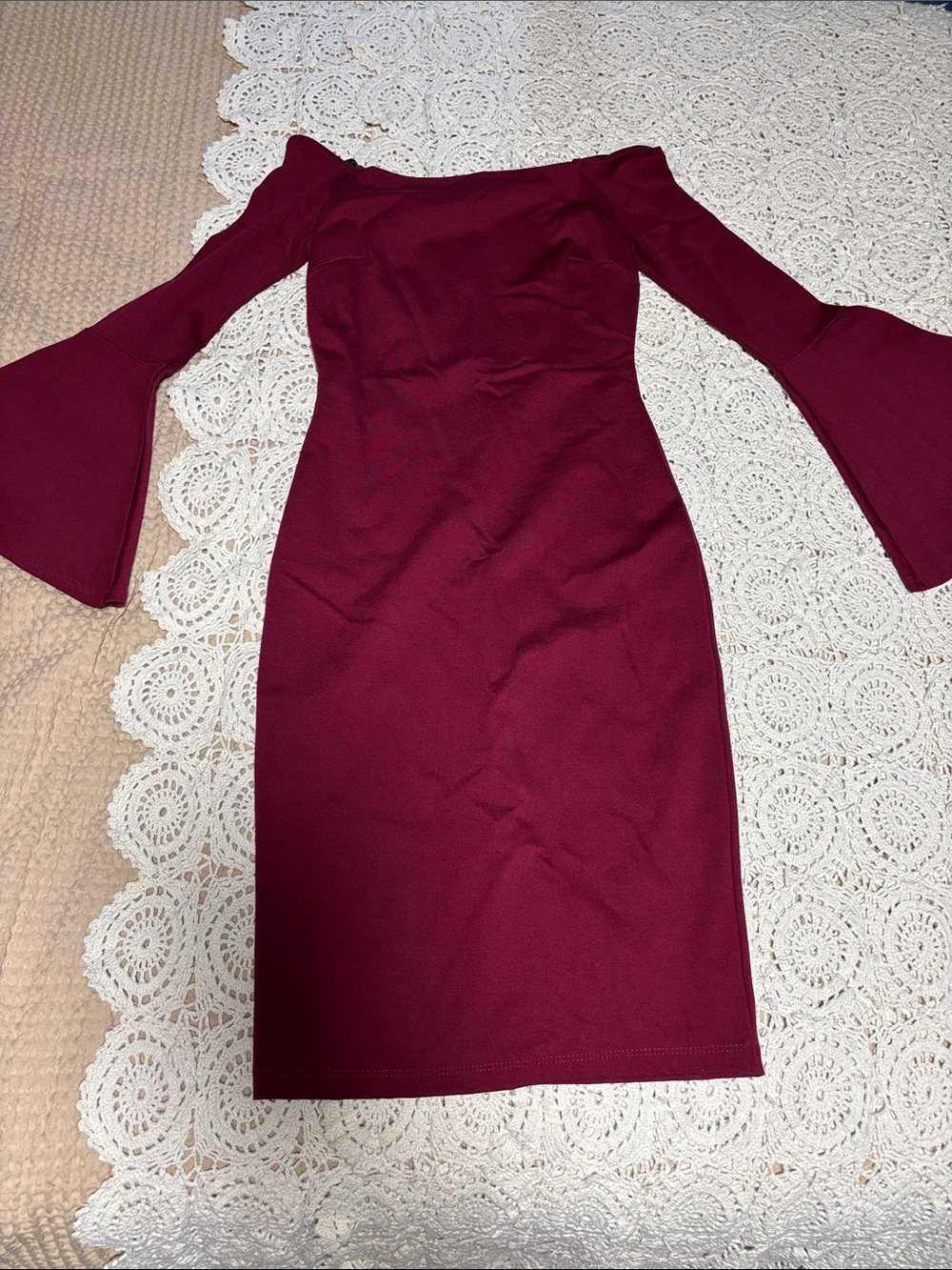 Lulus Burgundy Off-Shoulder Bell Sleeved Dress